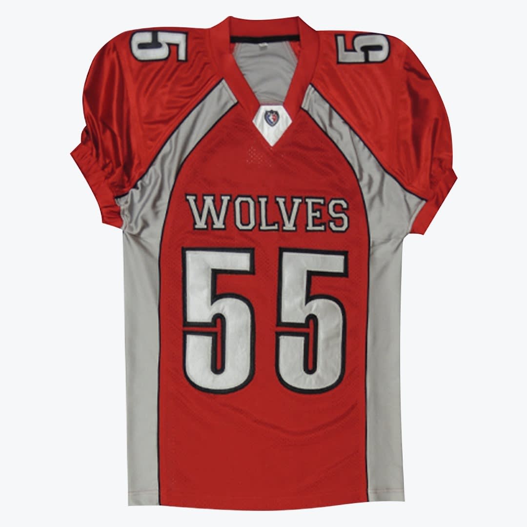 Red and Grey Wolves Football Jersey Number 55 Red and grey football jersey with WOLVES and the number 55 on the front.