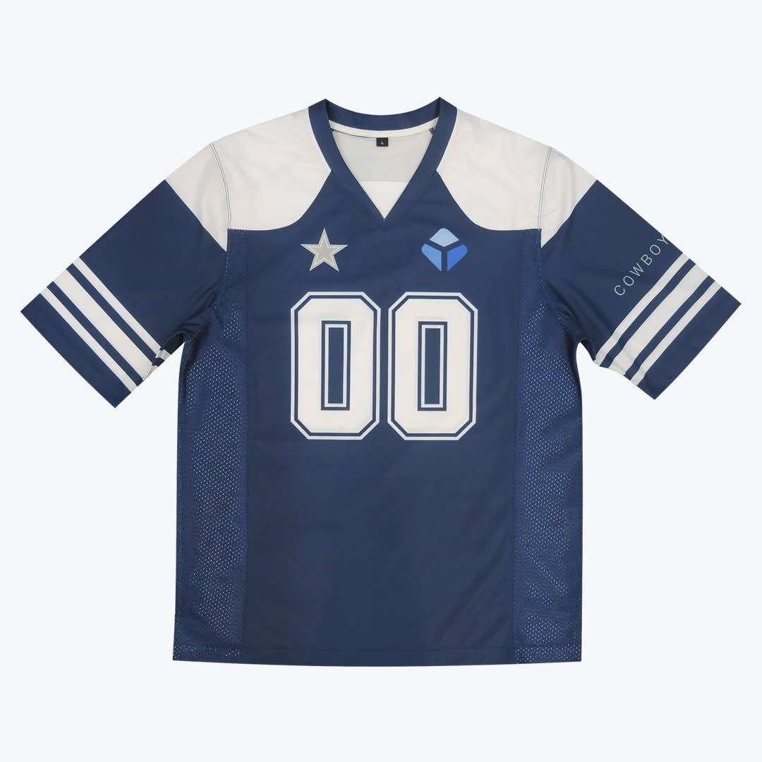 Navy Blue and White Football Jersey with Number 00 A navy blue and white football jersey with the number 00 printed on the front, featuring a grey star and a blue cube logo on the chest.