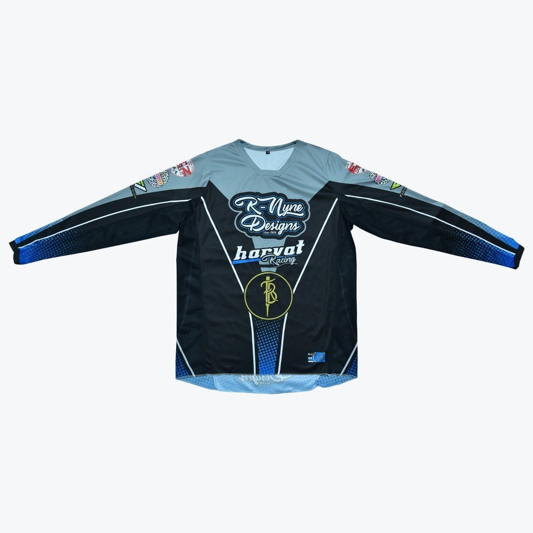 Custom R-Nyne Designs Horvat Racing Jersey A long-sleeve black, grey, and blue racing jersey with R-Nyne Designs and horvat Racing logos on the front, displayed against a white background.