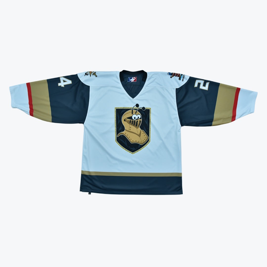 Gary the Snail Vegas Golden Knights Mashup Hockey Jersey A light blue, navy, and gold hockey jersey with a central crest depicting Gary the Snail wearing a golden knight helmet.
