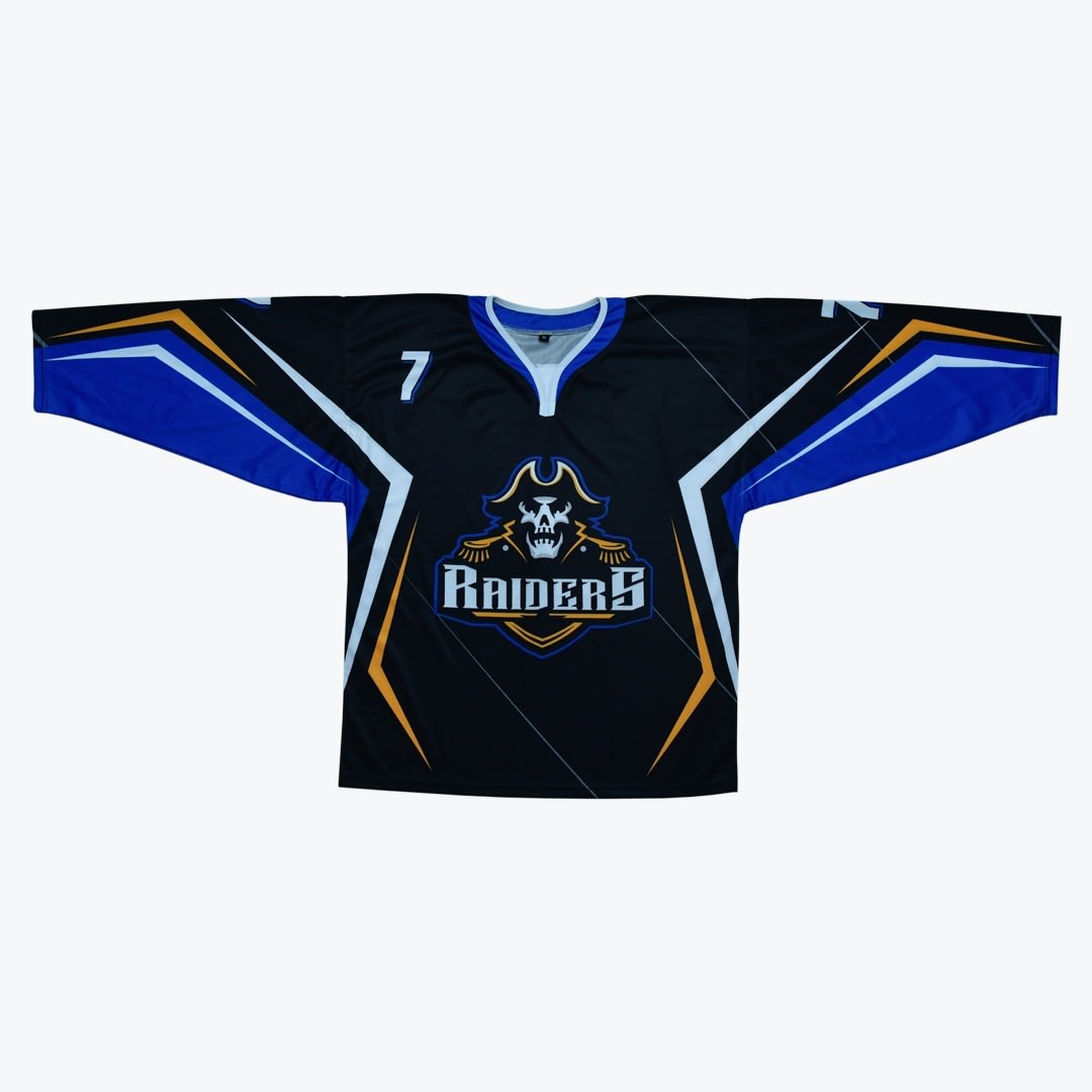 Custom Raiders Hockey Jersey A black, blue, and gold hockey jersey with a pirate skull logo and the word RAIDERS on the front, laid flat on a white background.