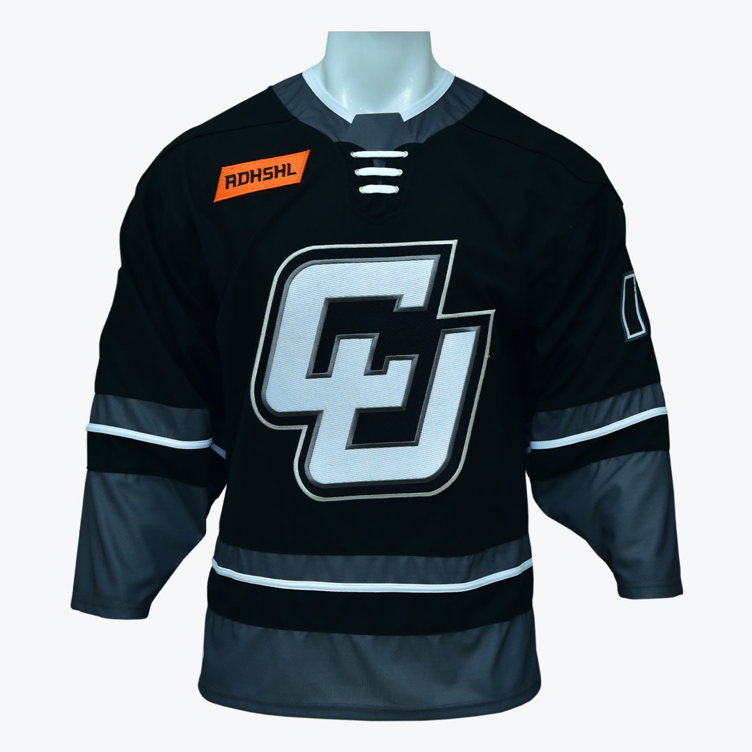 Black and Grey Hockey Jersey with CU Logo A black hockey jersey with a grey and white interlocking CU logo on the front, featuring a lace-up collar and an orange ADHSHL patch.