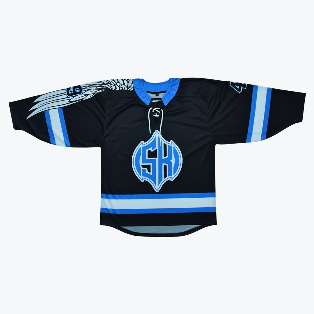 Custom Black and Blue Hockey Jersey with SK Logo A black hockey jersey with light blue and white stripes, featuring a central SK logo, a lace-up collar, and a wing design on the right shoulder.