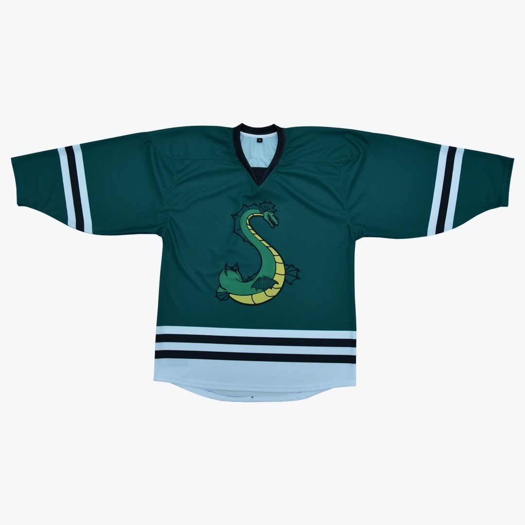 Green Sea Serpent Hockey Jersey A dark green hockey jersey with a green and yellow sea serpent logo shaped like the letter S on the chest, featuring black and white stripes on the sleeves and hem.