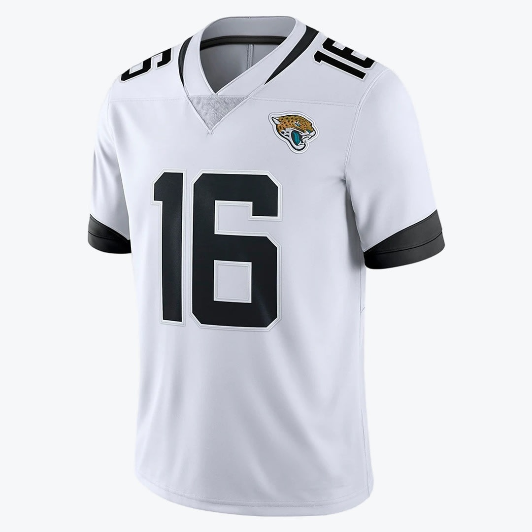 Jacksonville Jaguars Trevor Lawrence #16 White Jersey A white Jacksonville Jaguars NFL jersey with the number 16 in black on the front and shoulders, featuring the team logo on the left chest.