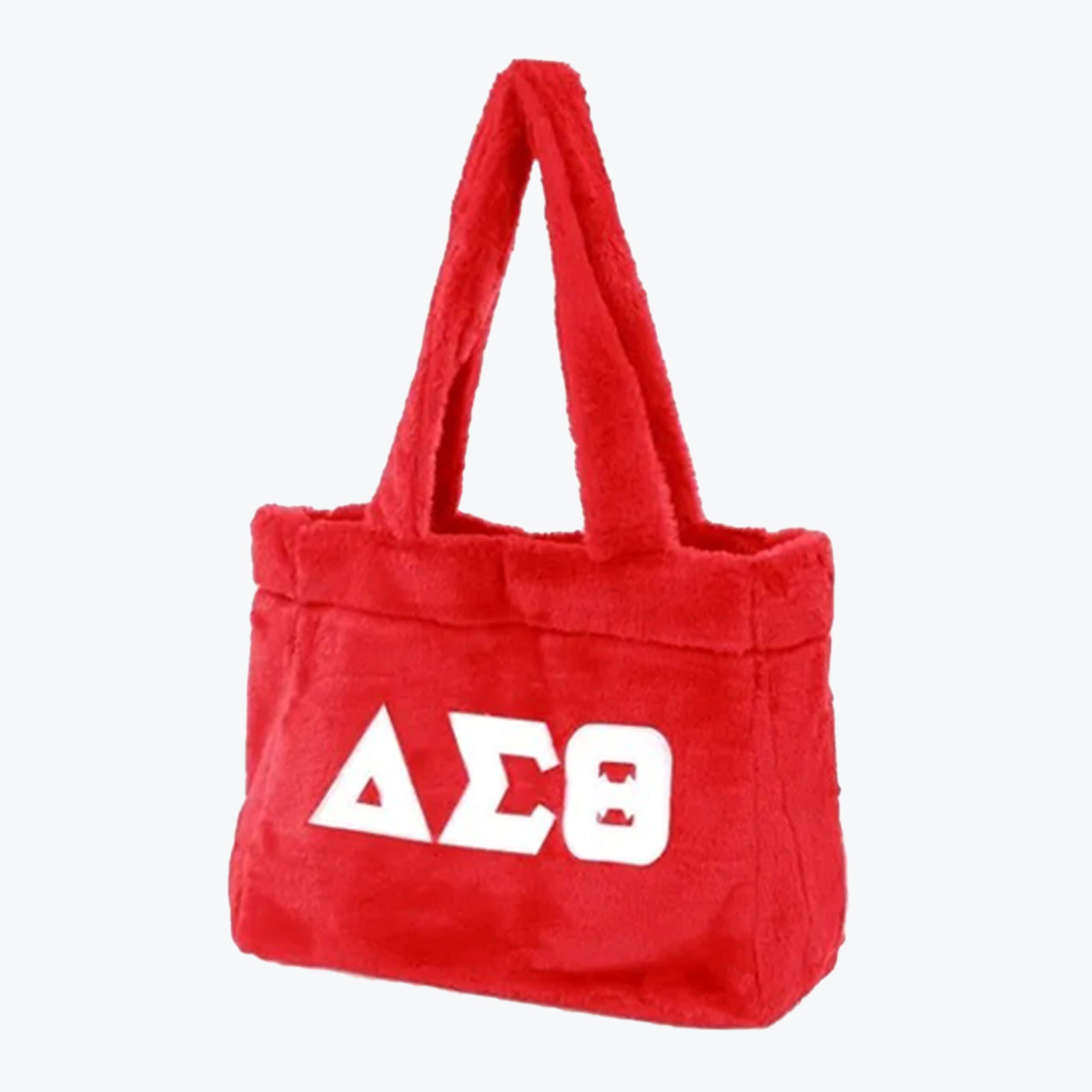 Red Fuzzy Delta Sigma Theta Tote Bag A red fuzzy tote bag with white Greek letters Delta, Sigma, and Theta on the front.