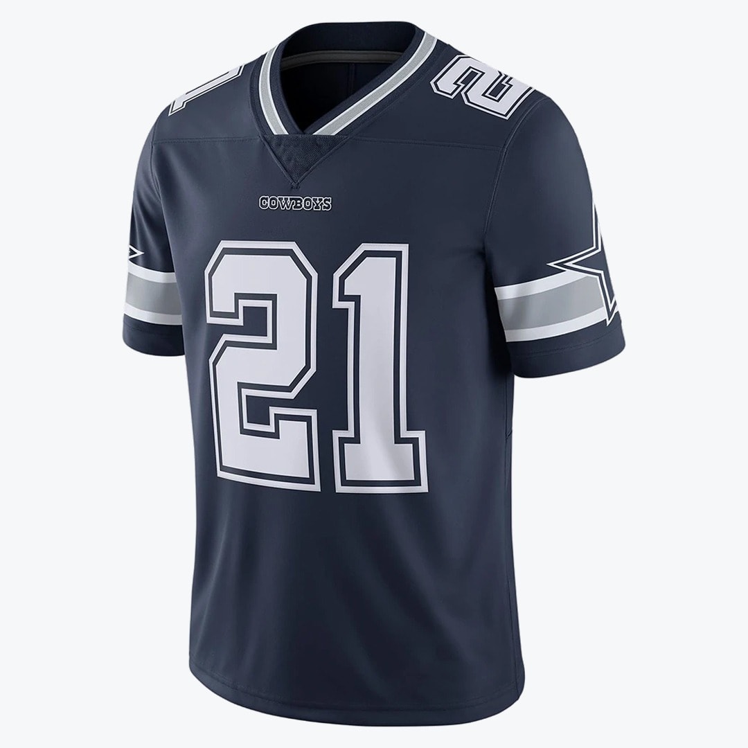 Dallas Cowboys Ezekiel Elliott #21 Navy Jersey A navy blue Dallas Cowboys football jersey with the number 21 on the front, displayed against a white background.