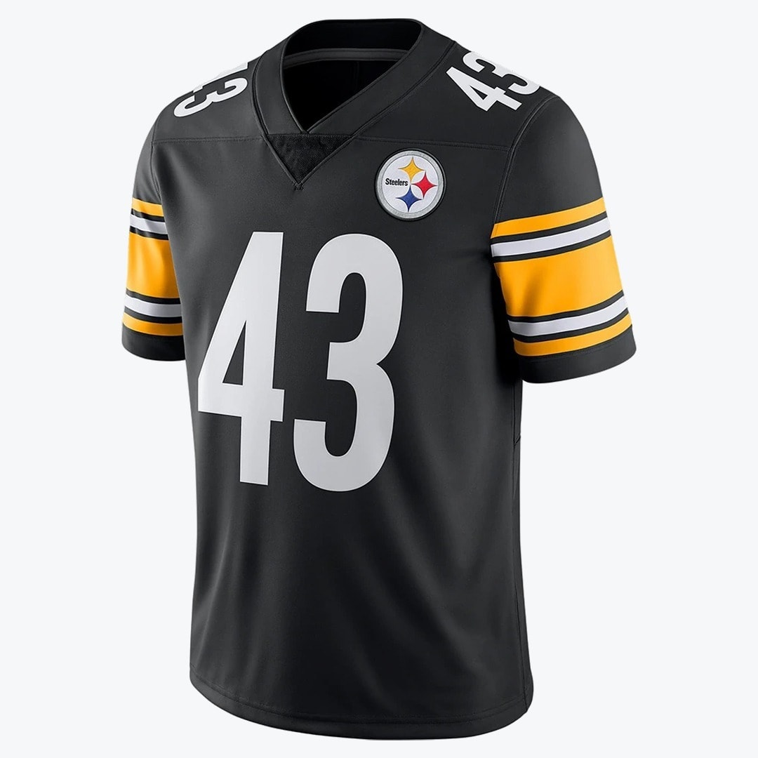 Pittsburgh Steelers Troy Polamalu #43 Black Jersey A black Pittsburgh Steelers football jersey with the number 43 printed in white on the front and shoulders, featuring the team logo on the chest and yellow stripes on the sleeves.
