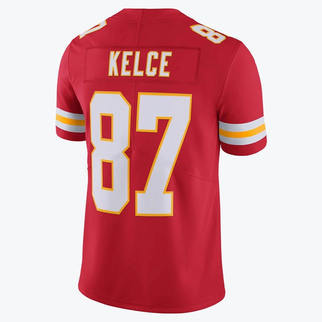 Back view of a red Kansas City Chiefs jersey with KELCE and the number 87 printed in white and gold.