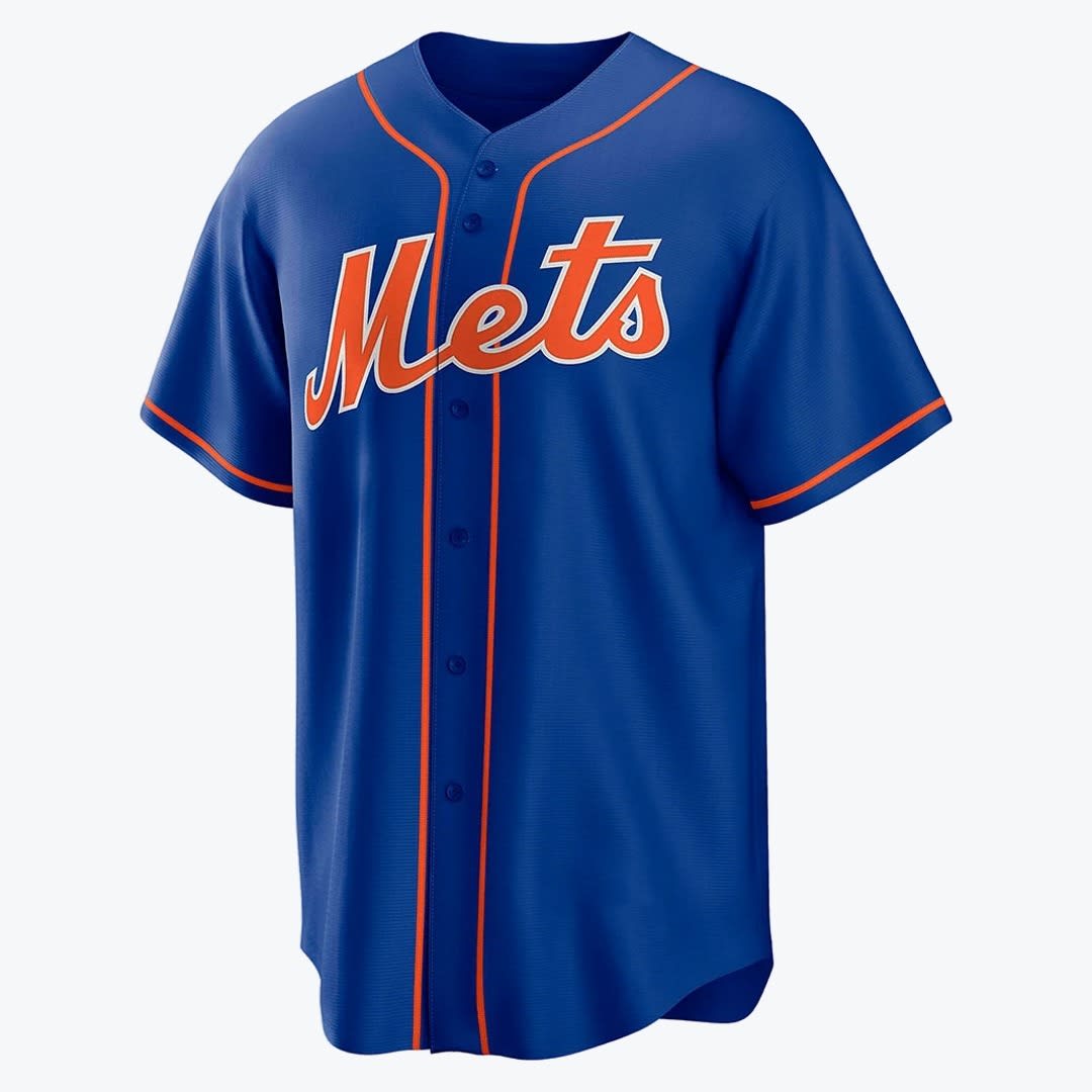 New York Mets Blue Baseball Jersey A royal blue New York Mets baseball jersey with orange Mets script lettering outlined in white across the chest and orange trim.