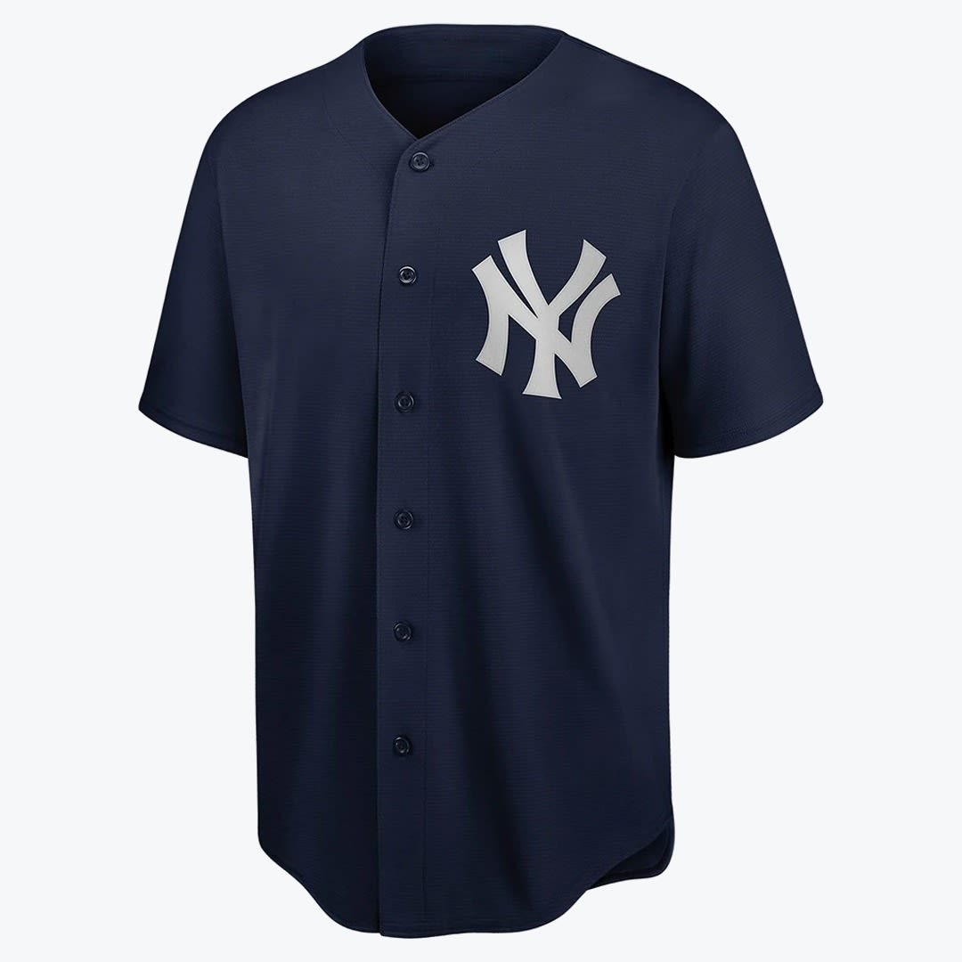 New York Yankees Navy Blue Baseball Jersey A navy blue New York Yankees button-down baseball jersey with a white interlocking NY logo on the left chest.