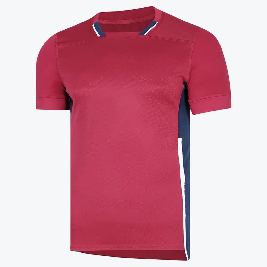 Red and Navy Athletic Short-Sleeve Jersey A maroon short-sleeve sports jersey with navy blue side panels, a white accent stripe, and a detailed collar, displayed against a white background.