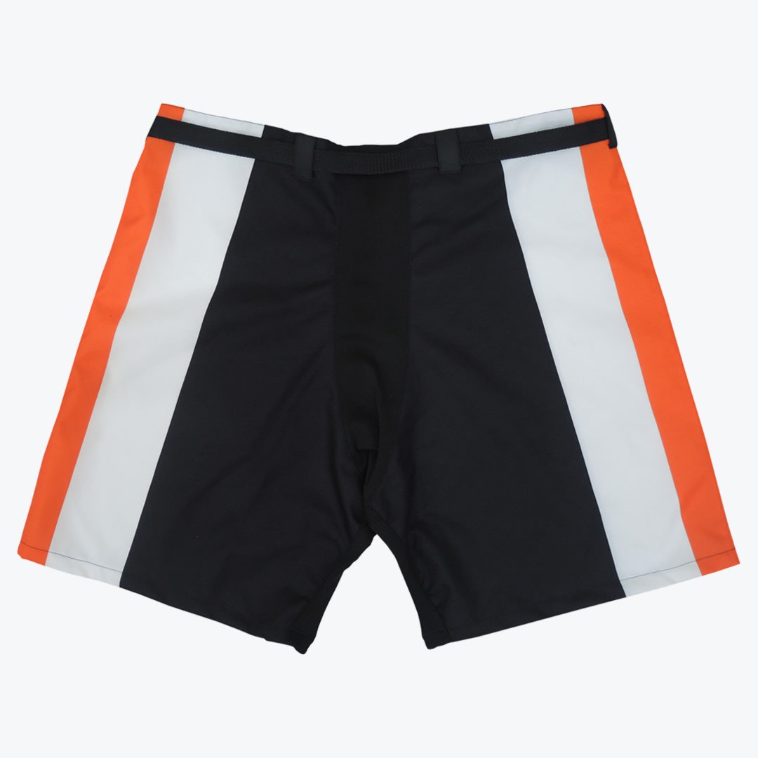 A pair of black athletic shorts with vertical white and orange color-blocked stripes on the sides, set against a plain white background.