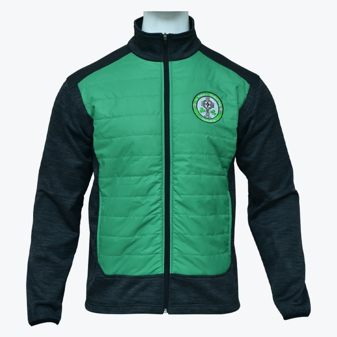 St. Patrick Football Club Castlederg Hybrid Jacket A green and dark grey hybrid jacket with a quilted front panel and the St. Patrick Football Club Castlederg crest on the left chest, displayed on a mannequin.