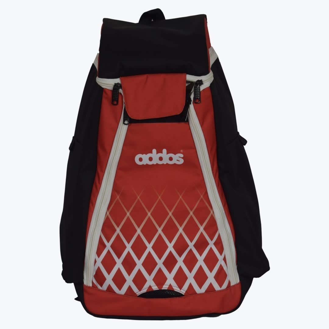 Addos Red and Black Sports Backpack A red and black Addos sports backpack with a white diamond pattern on the front, set against a plain white background.