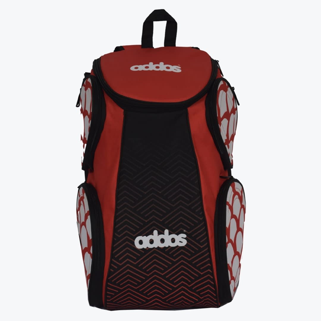 Addos Red and Black Sports Backpack A front view of a red and black Addos sports backpack with a chevron pattern on the front and scale patterns on the side pockets, set against a plain background.