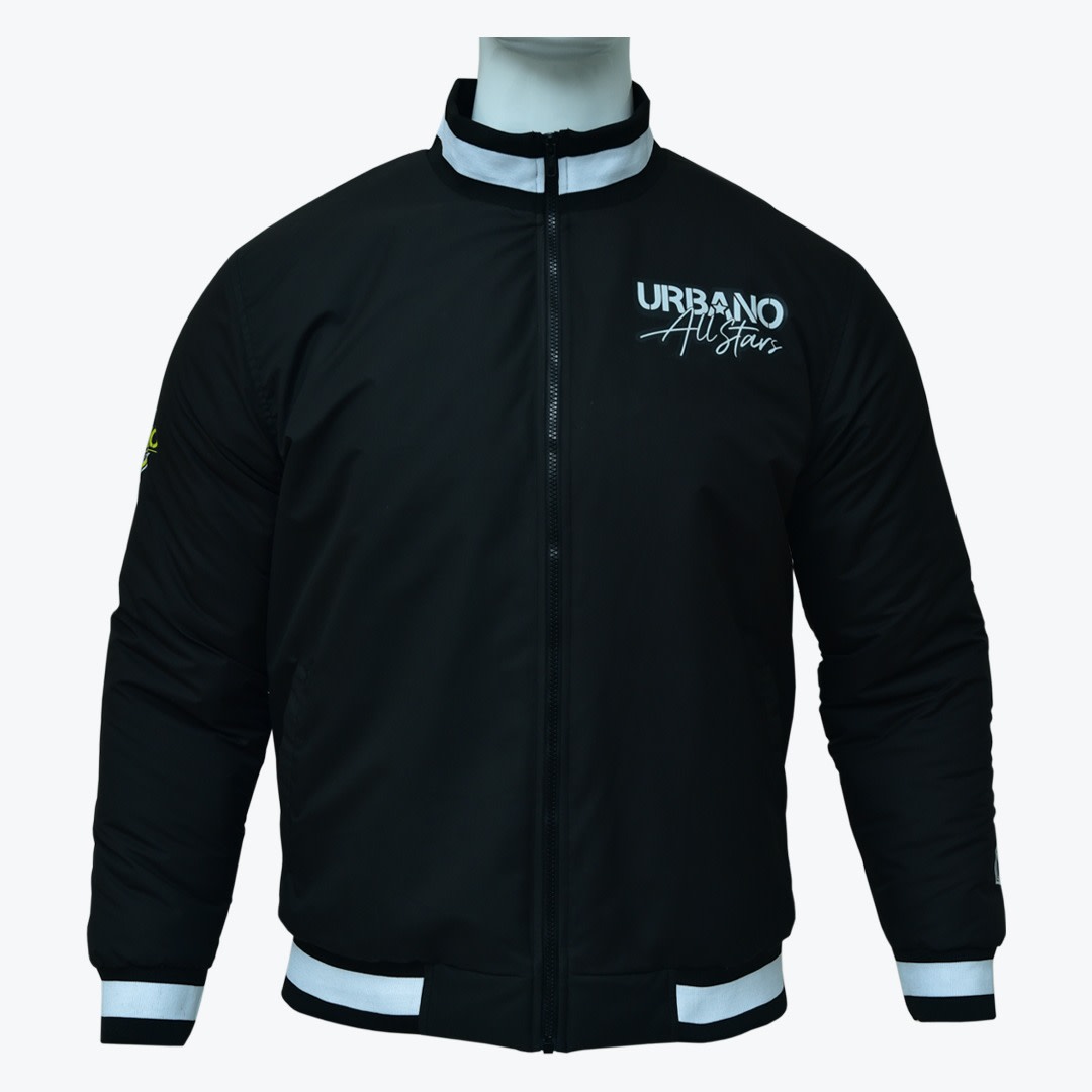Urbano All Stars Black Bomber Jacket A black bomber jacket with white striped collar, cuffs, and hem, featuring the URBANO All Stars logo on the left chest.