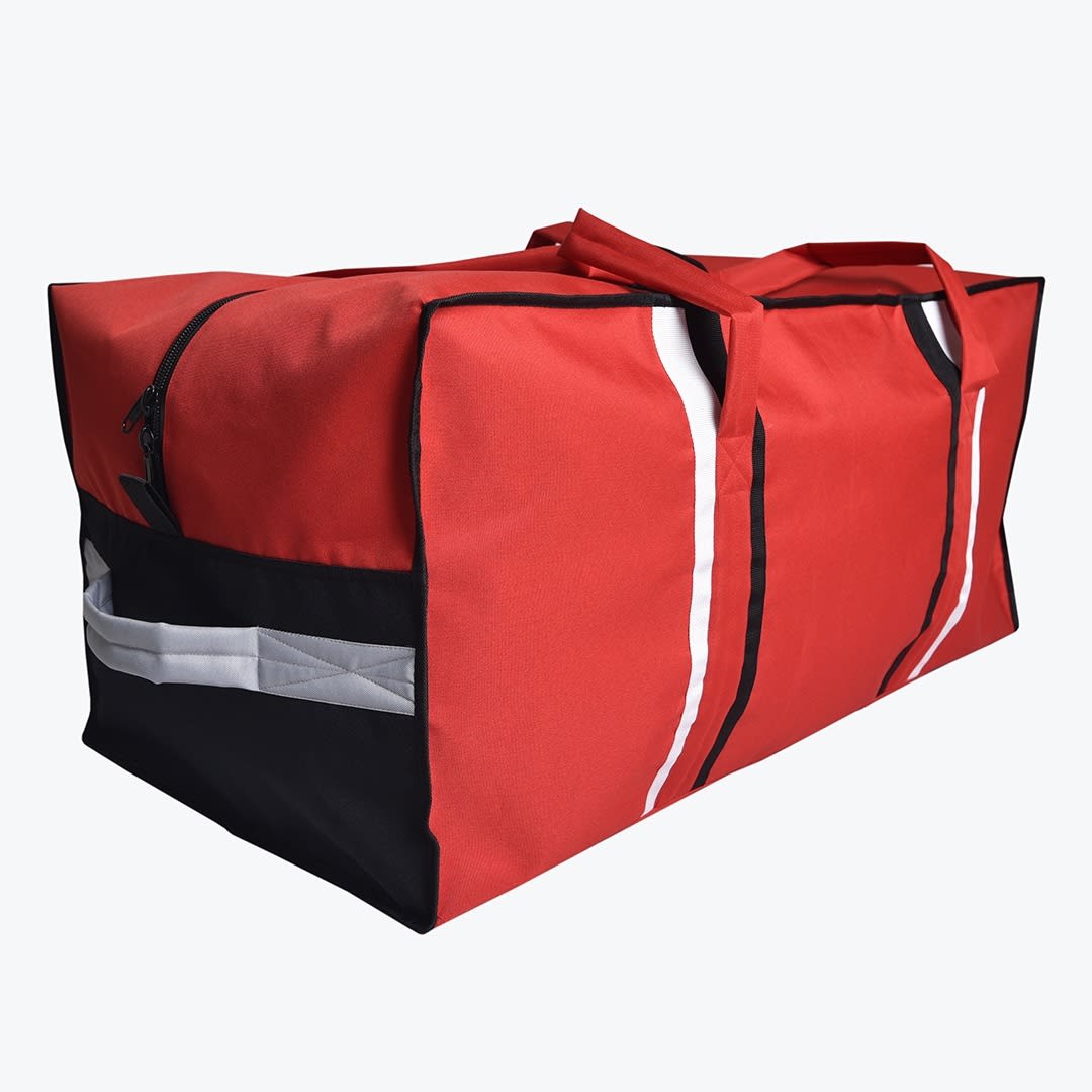Red and Black Sports Duffel Bag A large red sports duffel bag with black bottom panels, white vertical stripes, and carrying handles, isolated on a white background.