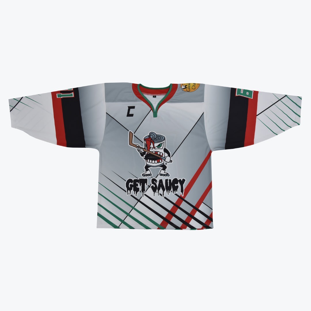 Get Saucy Custom Hockey Jersey A grey and white custom hockey jersey with a cartoon logo of an angry tin can holding a hockey stick above the text GET SAUCY.