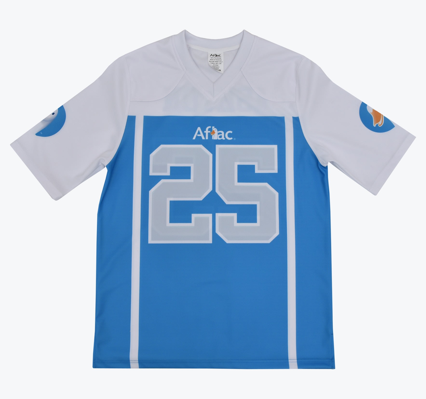 Aflac Number 25 Sports Jersey A front view of a light blue and white sports jersey with the Aflac logo and the number 25 on the chest.