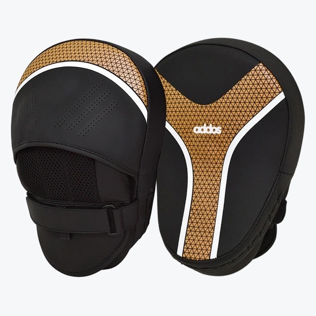 Addos Boxing Focus Mitts in Black and Gold A pair of black and gold Addos boxing focus mitts, showing the front striking target and the back hand compartment.