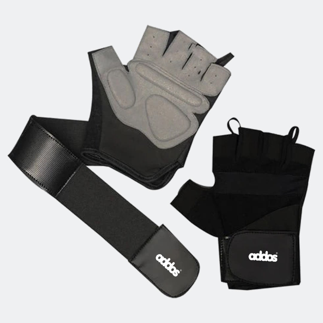 Addos Weightlifting Gloves with Wrist Wraps A pair of black and grey Addos fingerless gym gloves showing the padded palm side, the back side with finger loops, and an extended wrist wrap strap against a light grey background.