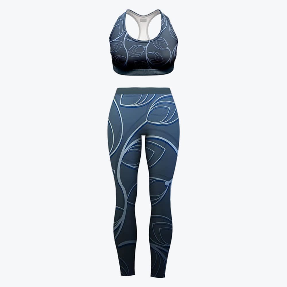 Blue Floral Pattern Activewear Set A matching two-piece activewear set consisting of a sports bra and leggings with a blue leaf pattern on a white background.