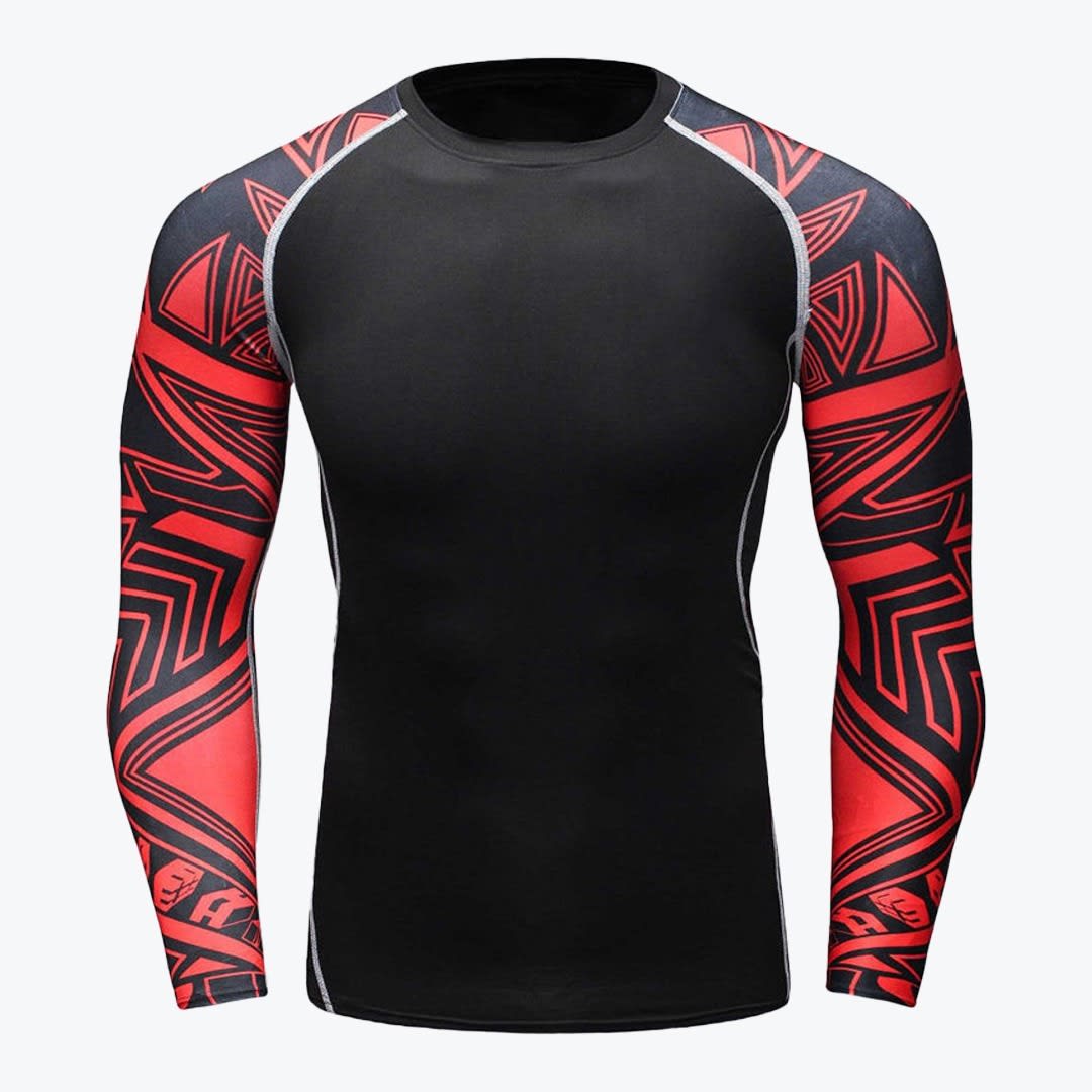 Men long-sleeve compression shirt with red patterned sleeves. Front view of a tight-fitting black long-sleeve compression shirt with red and black patterned sleeves and white contrast stitching.