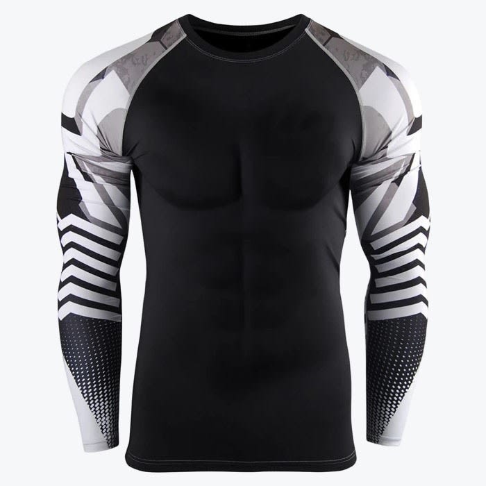 Men long-sleeve compression shirt with geometric sleeve pattern. A men long-sleeve black compression shirt with white and grey patterned sleeves displayed against a white background.
