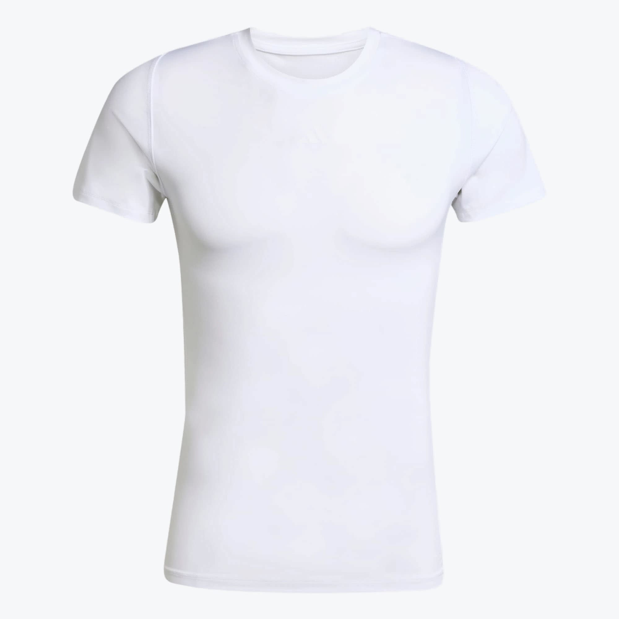 Men white athletic crew neck t-shirt. A slim-fit white short-sleeved crew neck t-shirt on a white background.