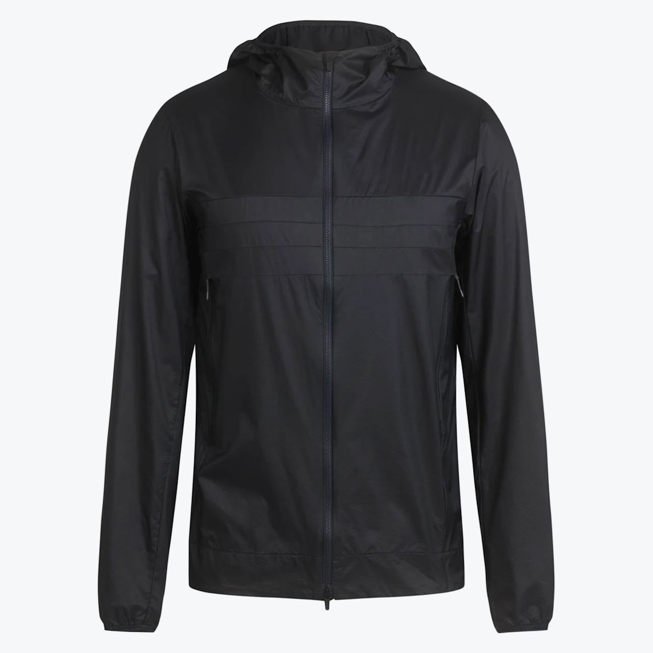 Men black hooded windbreaker jacket. A front-facing studio shot of a black hooded windbreaker jacket with a full zipper on a white background.