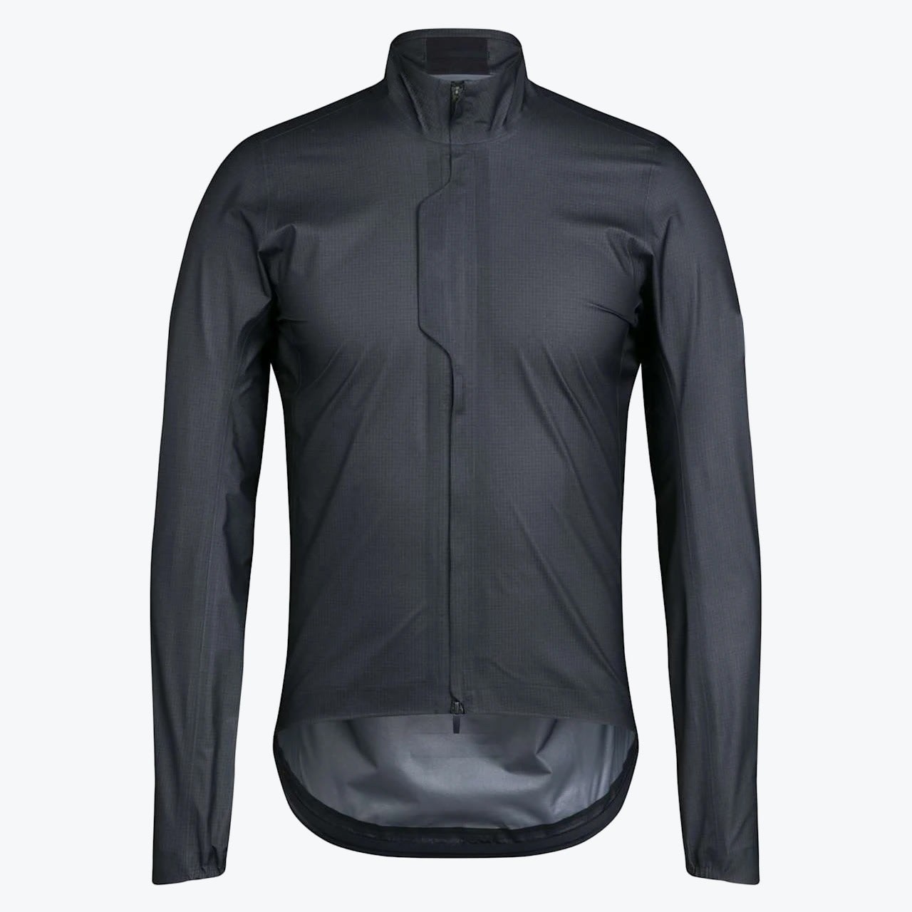 Lightweight Dark Grey Cycling Rain Jacket Front view of a dark grey, lightweight cycling rain jacket with a high collar and a dropped rear hem, displayed against a white background.