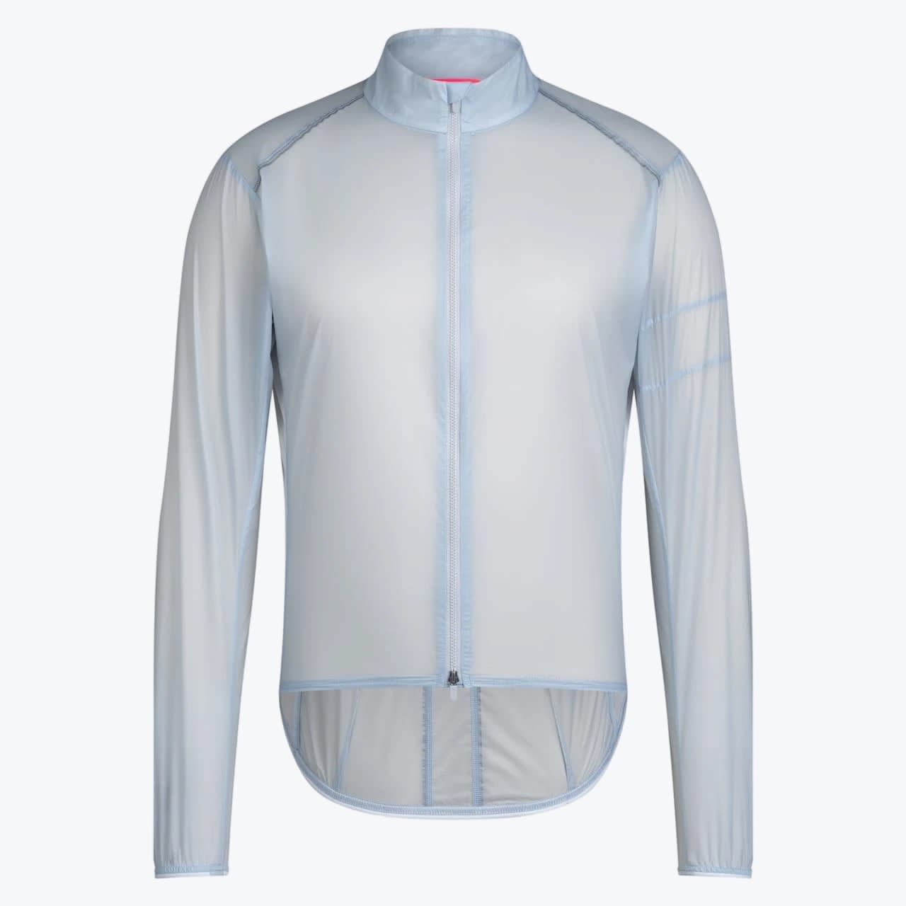 Lightweight Translucent Cycling Jacket in Light Blue A semi-translucent light blue cycling jacket with a full zipper and a high collar, displayed against a plain white background.