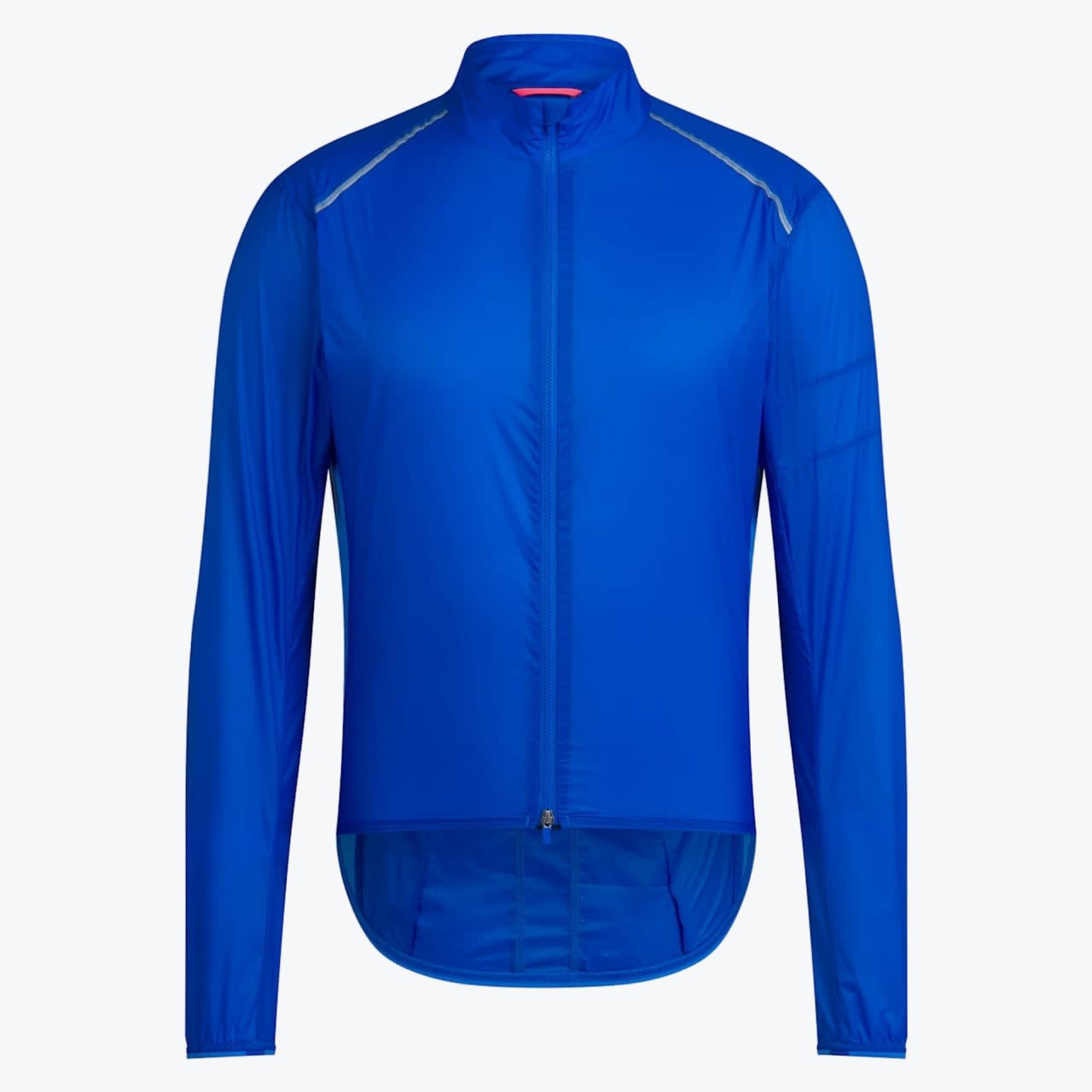 Blue Cycling Wind Jacket A front view of a lightweight, long-sleeved blue cycling jacket with a high collar, full zipper, and reflective shoulder accents against a white background.