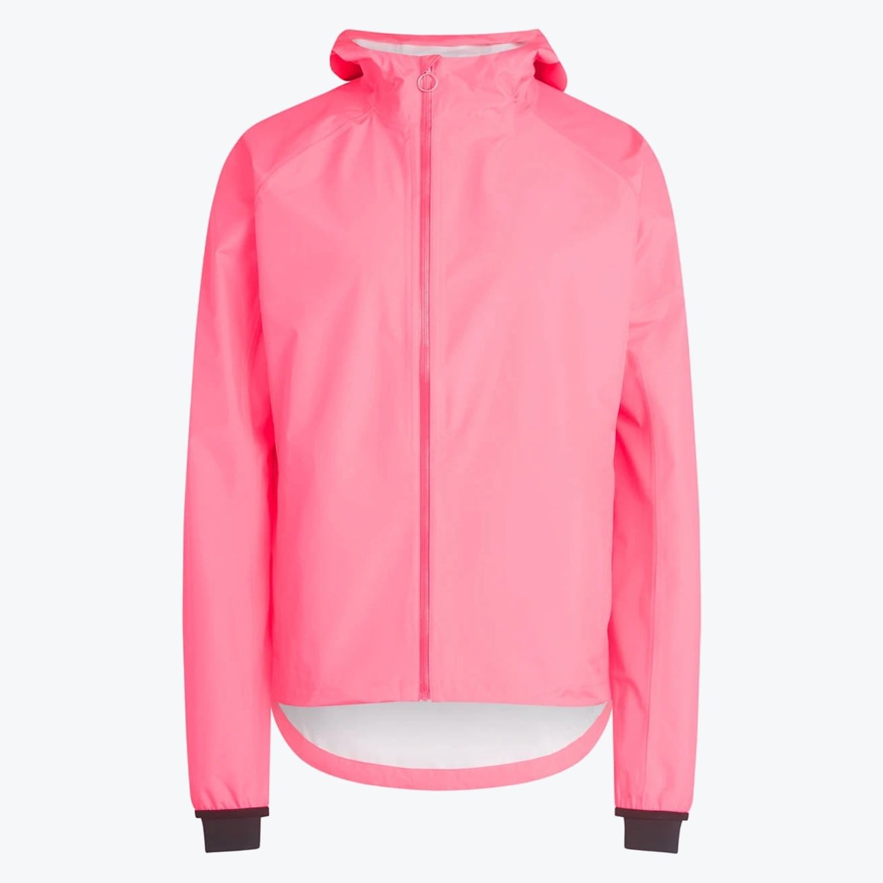 Bright Pink Hooded Windbreaker Jacket A bright pink hooded windbreaker jacket with a front zipper and dark grey cuffs, shown against a solid white background.