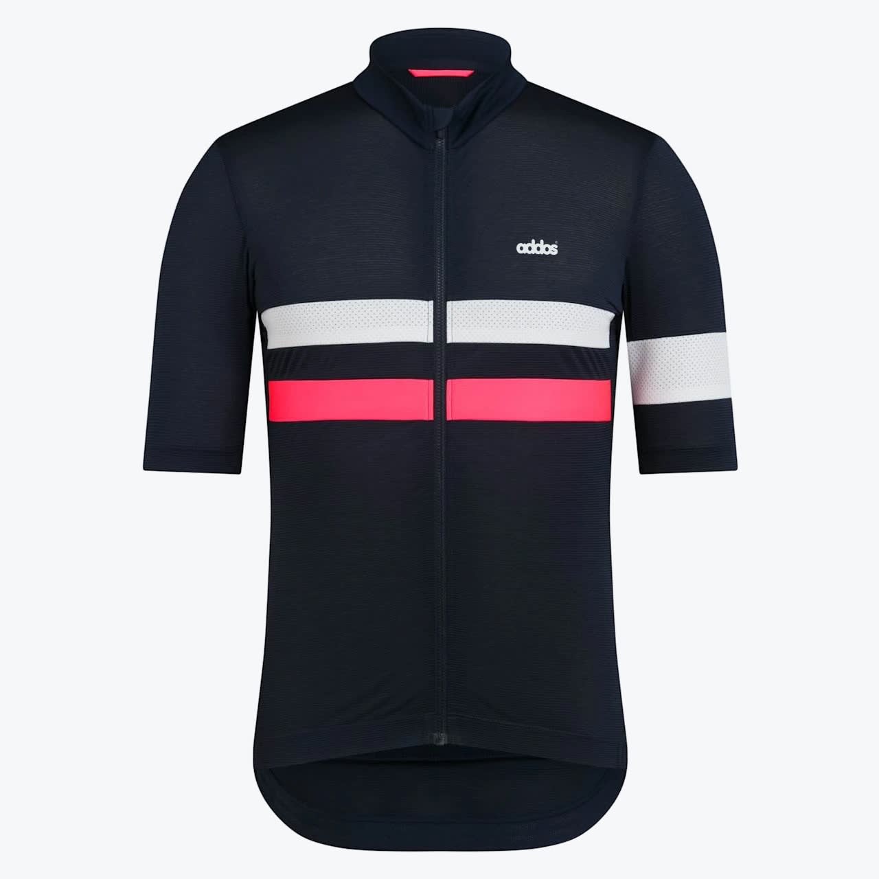 Addos Navy Cycling Jersey with Pink and White Stripes Front view of a navy blue short-sleeved cycling jersey with a white and pink stripe across the chest and a white band on the left sleeve.