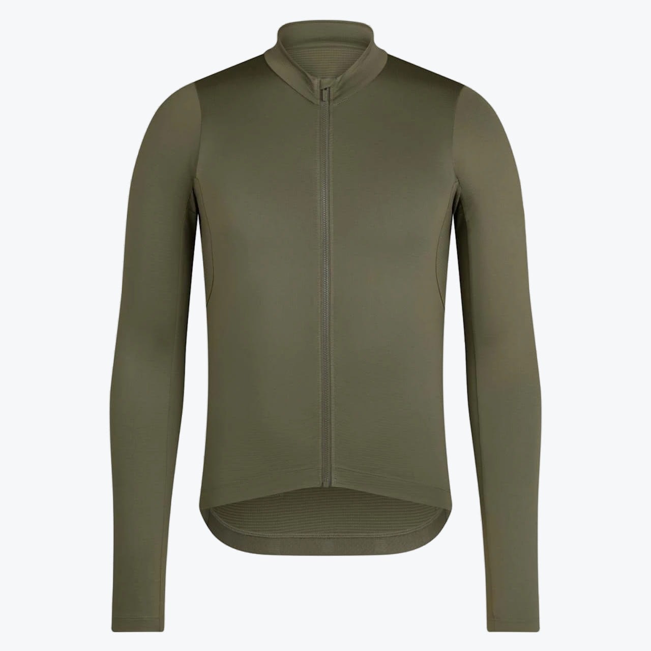 Olive Green Long-Sleeve Cycling Jersey A front-facing studio shot of a solid olive green long-sleeve cycling jersey with a full zipper on a plain white background.