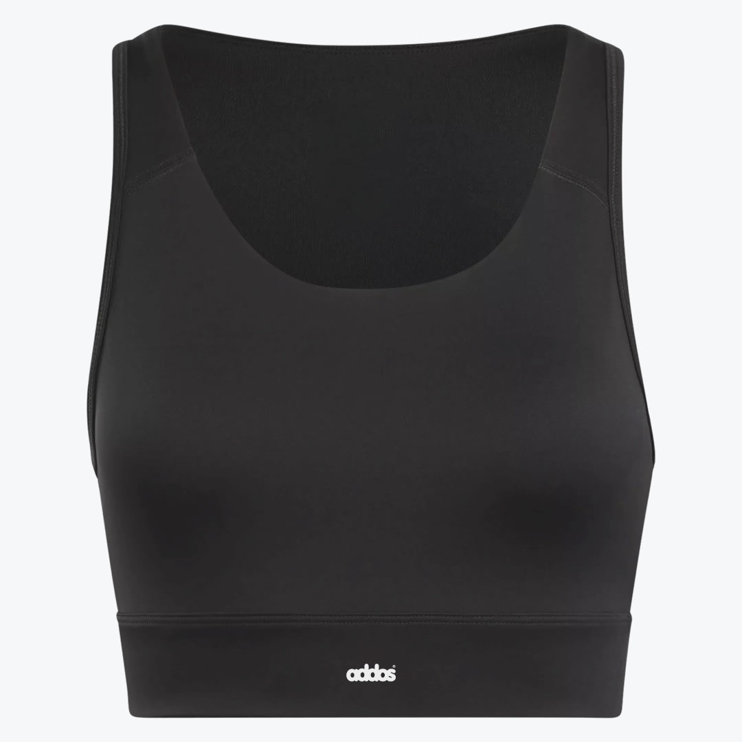 Black Sports Bra with Logo A black sports bra with a scoop neck and a wide underband featuring a small white logo, shown against a plain white background.