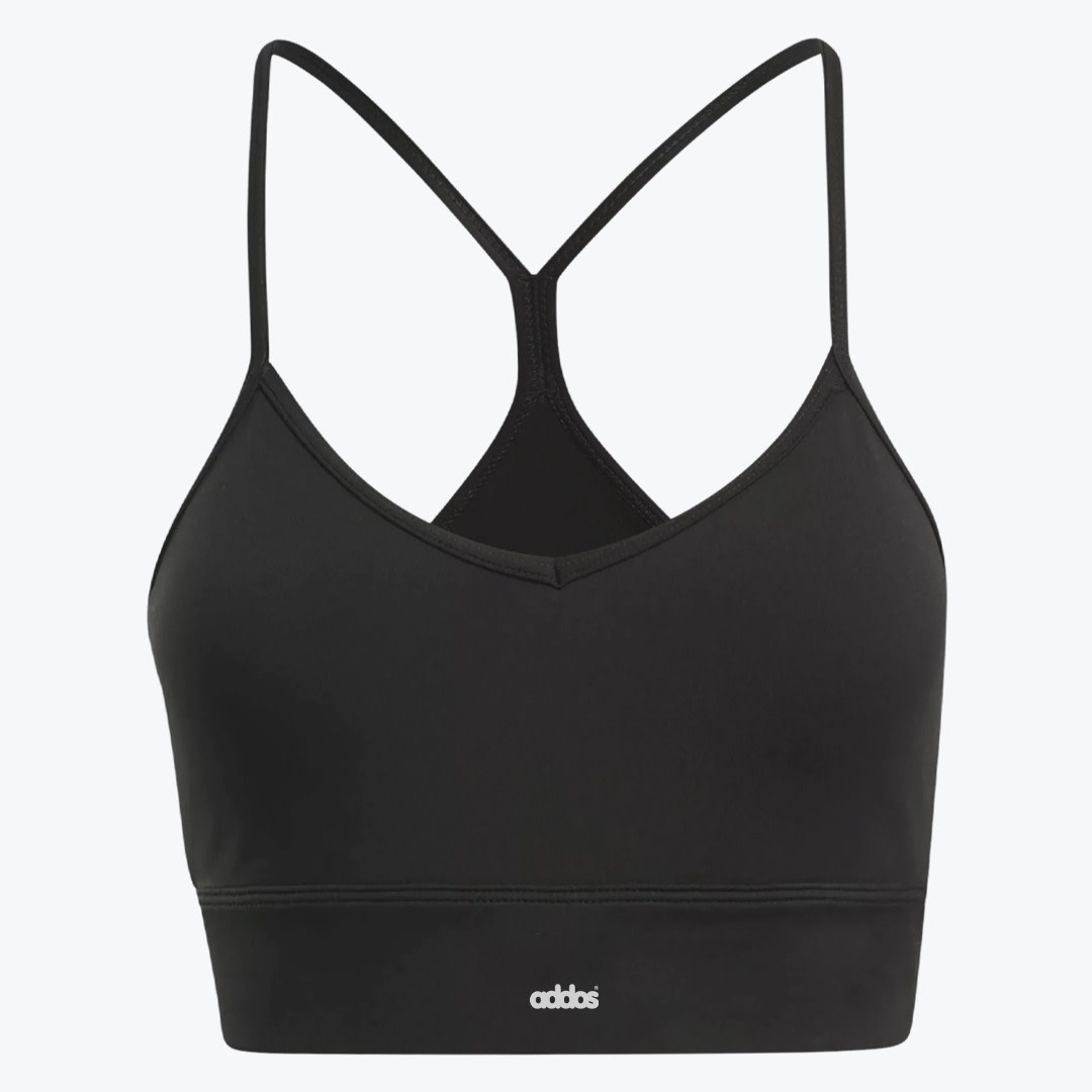 Addos Women Black Strappy Sports Bra Front view of a black Addos sports bra with thin straps and a V-neckline on a white background.