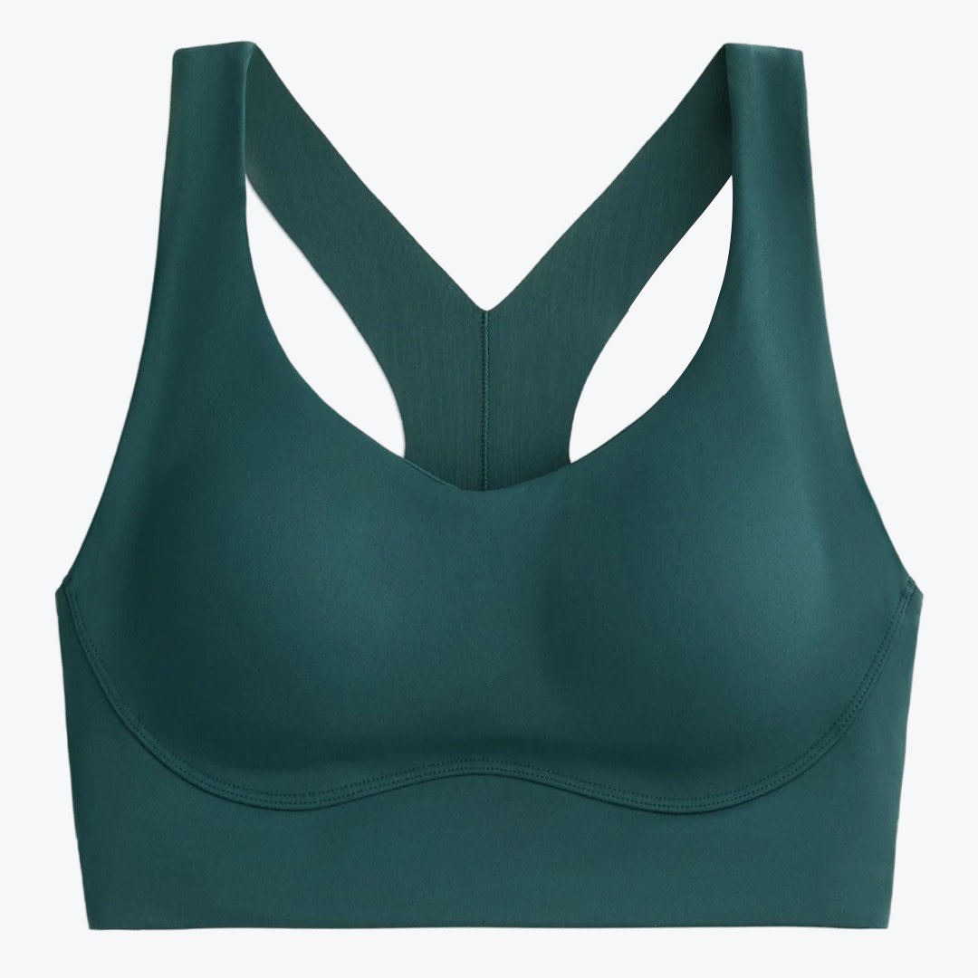 Dark Green Racerback Sports Bra Front view of a dark green racerback sports bra with molded cups and a wide band on a white background.
