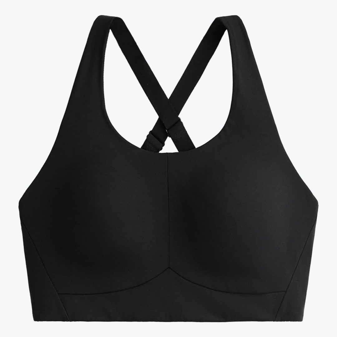 Black High-Support Cross-Back Sports Bra Front view of a solid black sports bra with molded cups and adjustable cross-back straps against a plain white background.