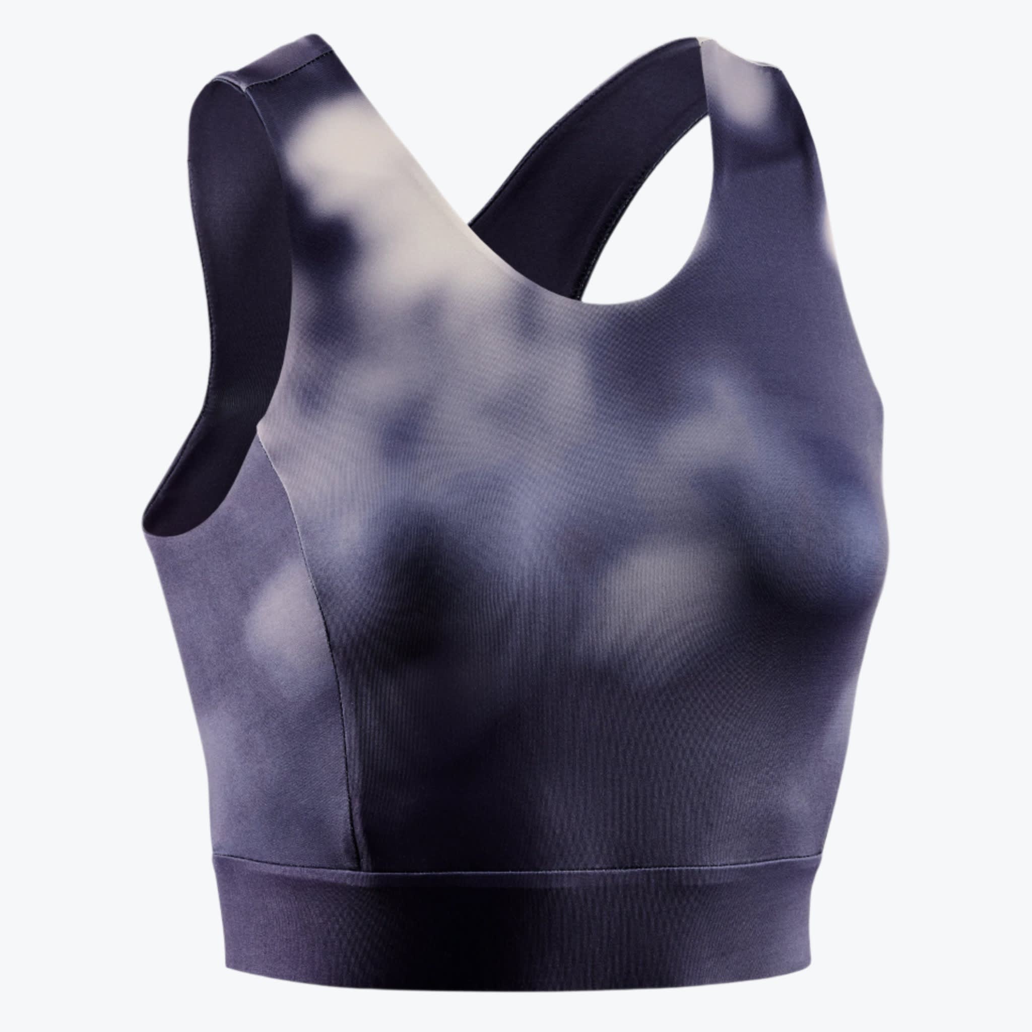 Tie-Dye Sports Bra Crop Top A dark purple and white tie-dye sports bra crop top isolated on a white background.