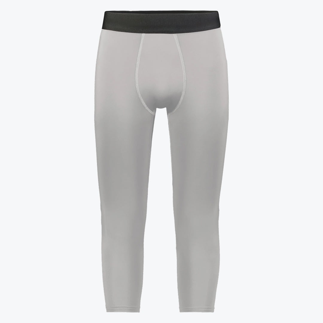 Men grey 3/4 compression tights. Front view of a pair of men light grey 3/4 length compression tights with a black waistband on a white background.