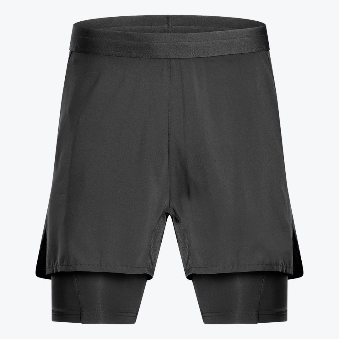Men Black 2-in-1 Running Shorts A front view of a pair of black 2-in-1 athletic shorts with an integrated inner compression liner, set against a plain white background.