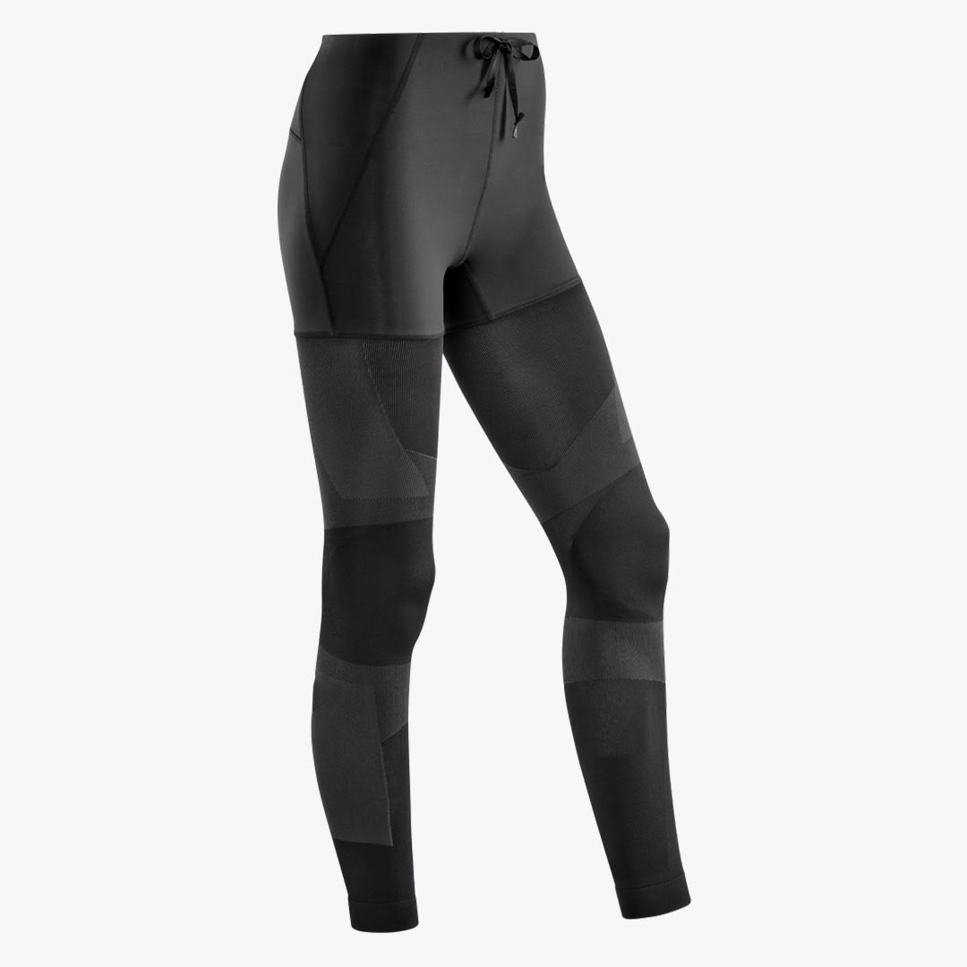 High-Performance Black Neoprene Leggings A three-quarter view of black high-waisted athletic leggings with a drawstring waist and textured compression panels on a white background.