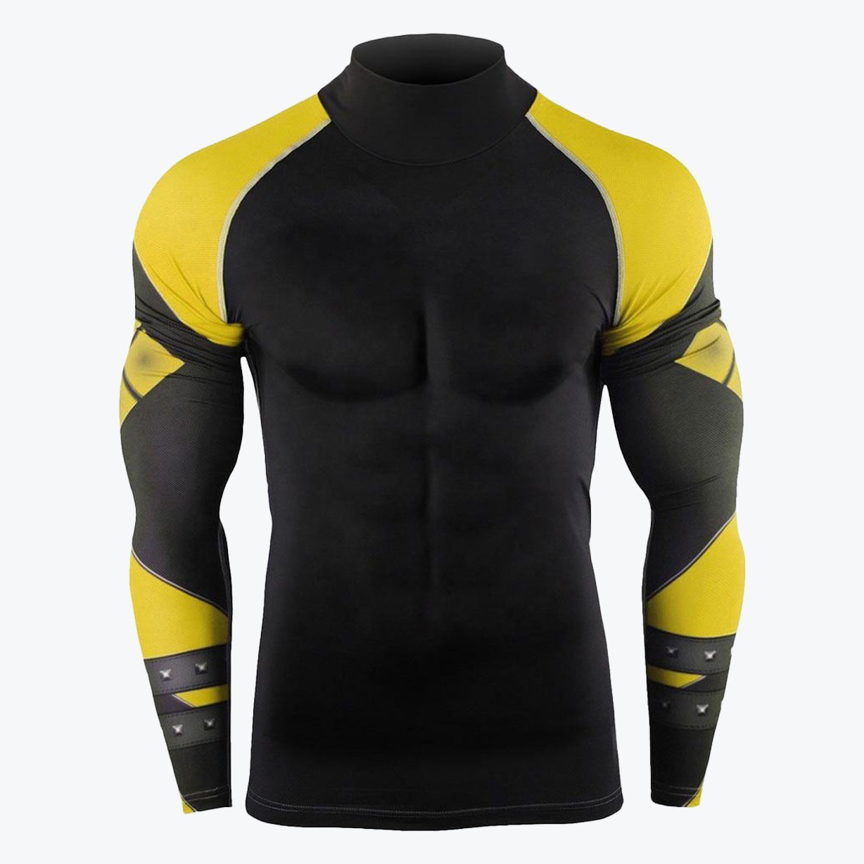 Superhero-Themed Black and Yellow Compression Shirt A black and yellow long-sleeved compression shirt with a superhero design, shown on a muscular mannequin torso.