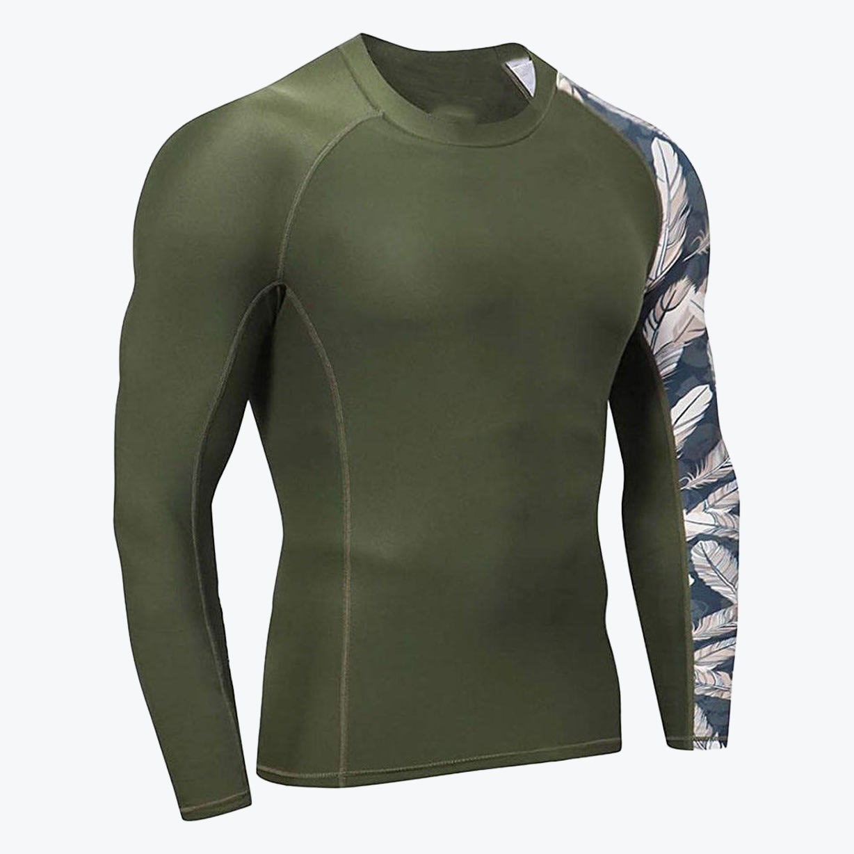 Men olive green compression shirt with feather pattern sleeve. An olive green long-sleeve compression shirt with a contrasting feather-patterned left sleeve, displayed on a white background.