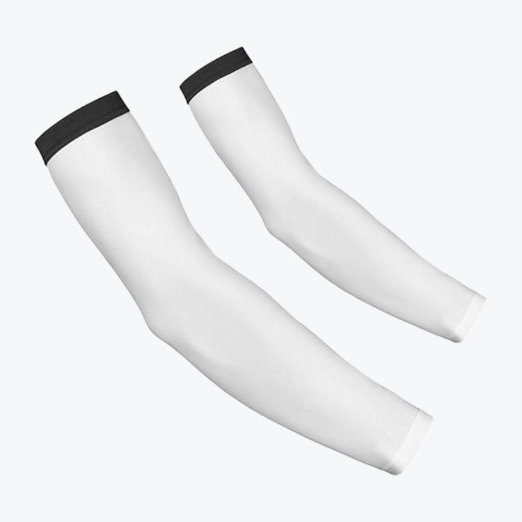 White Compression Arm Sleeves with Black Bands A pair of white compression arm sleeves with black upper bands, displayed against a light grey background.