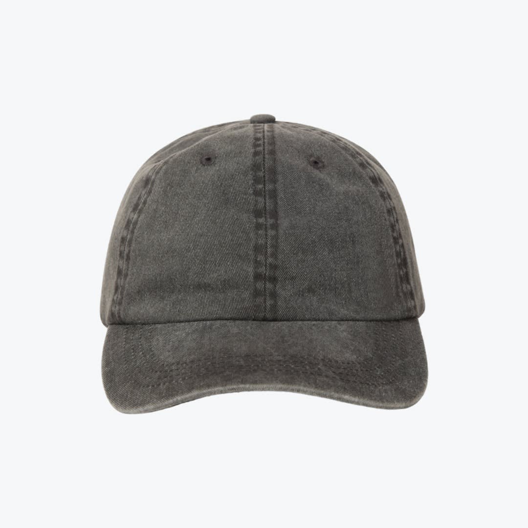 Faded Charcoal Grey Baseball Cap Front view of a faded charcoal grey baseball cap with a curved brim on a white background.