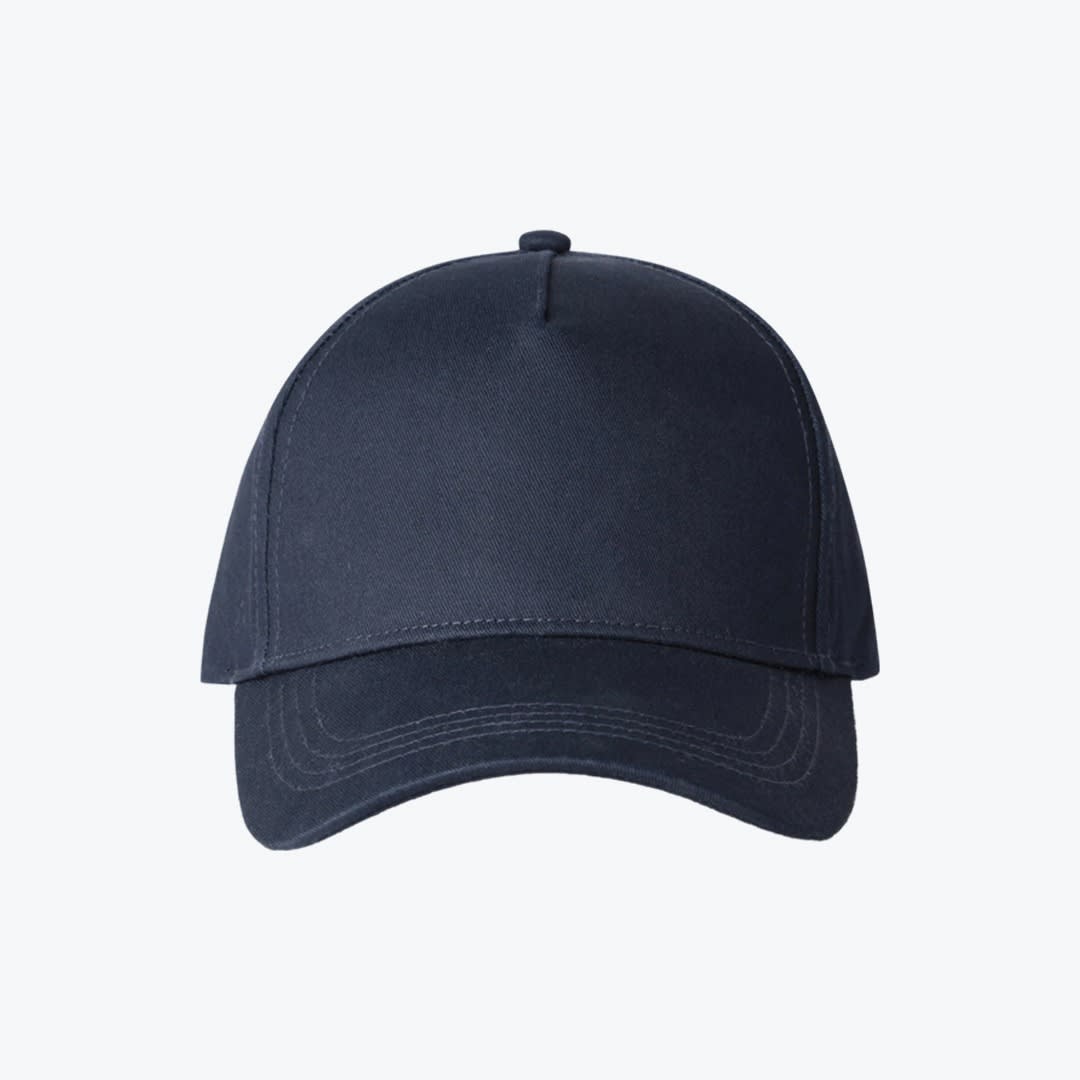 Plain Navy Blue Baseball Cap A front view of a plain navy blue baseball cap against a white background.